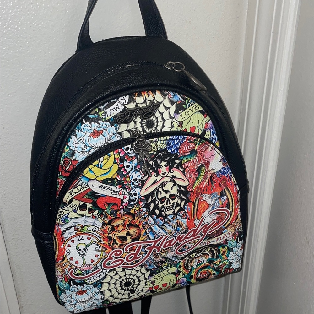 Ed Hardy Black Backpack with Colorful Tattoo Art - Picture 4 of 11